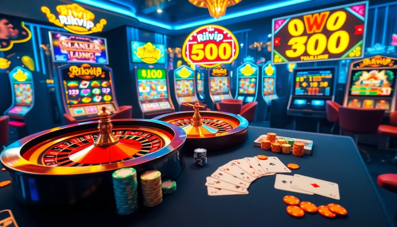 Engaged players at a Rikvip online casino table, showcasing excitement with vibrant chips and cards.