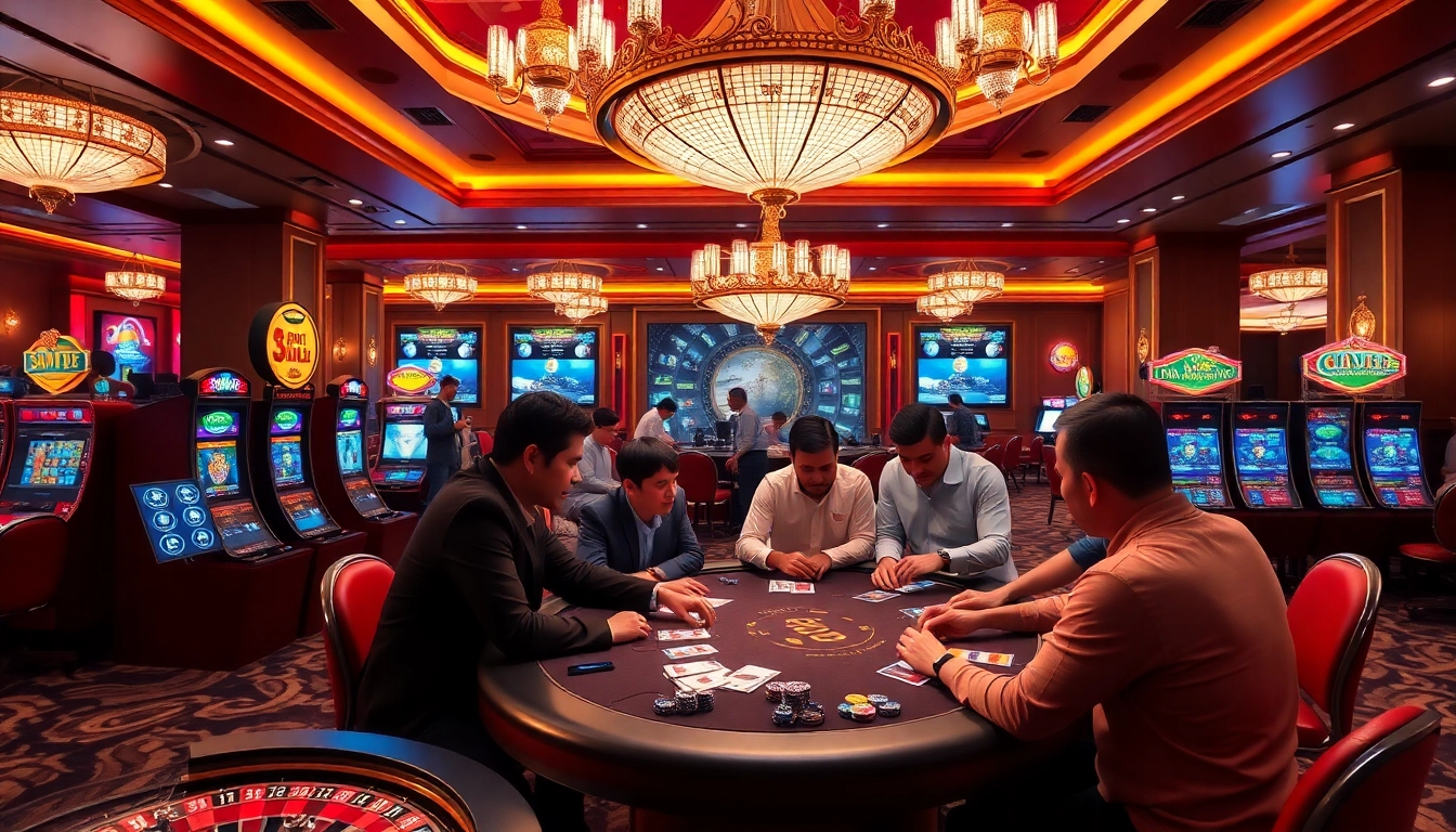 Experience the thrilling atmosphere of SKY 88 casino with vibrant tables and excited players.
