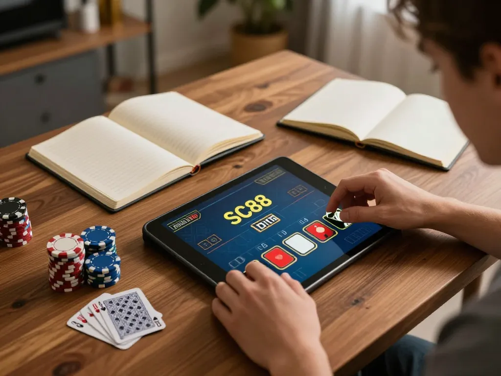 Player strategizing on SC88 poker game, focused on winning betting tactics at home.