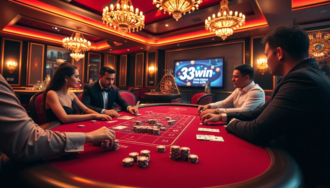 Engage in an exciting game at 33win's luxurious casino table, featuring poker chips and warm lighting.