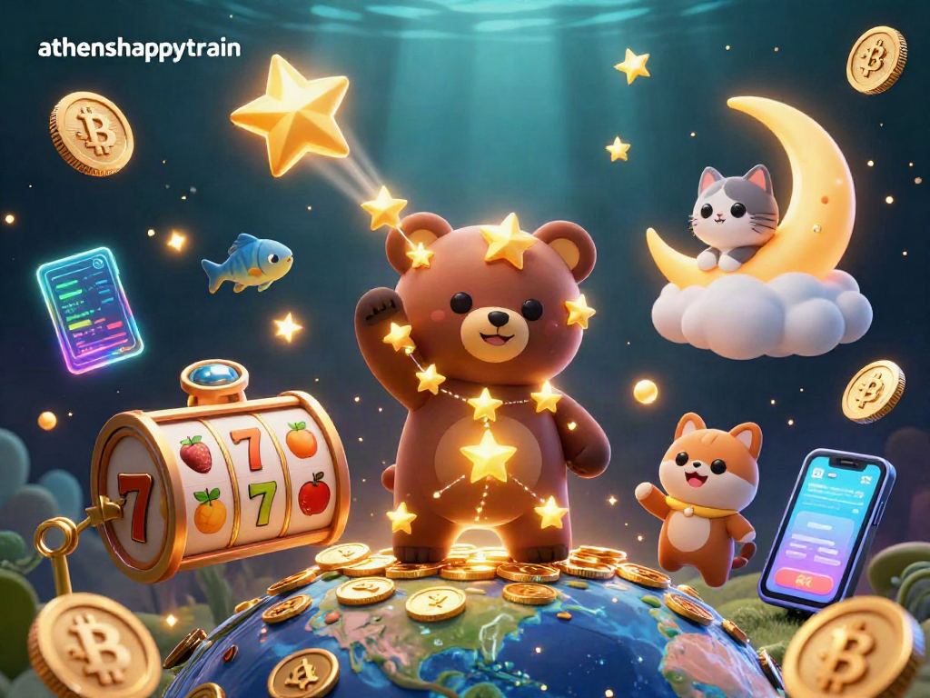 Spin slots with athenshappytrain, vibrant 3D cartoon illustration of cosmic bear and golden coins