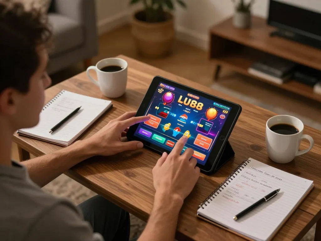 LU88 online gaming session featuring tablet gameplay with strategic notes in a cozy home setup.