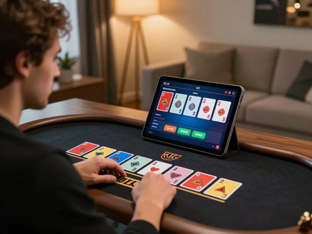 KJC player strategizing bets on a live dealer online casino session from home.