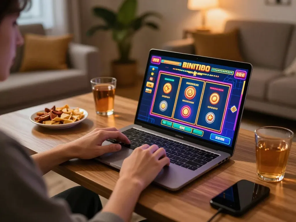 Engaging in Gsc108 Daftar online slot gameplay on a cozy laptop setup.