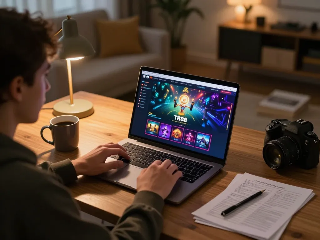 Player engaged in TR88 online casino gaming on a laptop in a cozy environment.