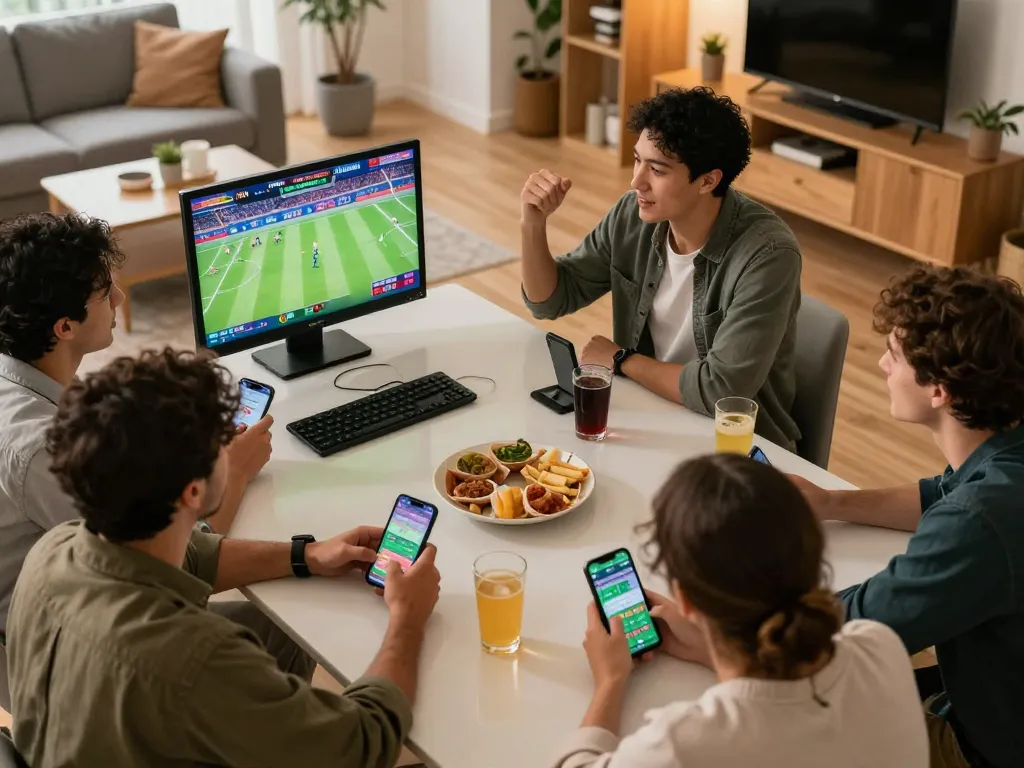 Engaged friends celebrating a winning bet while placing ty le ca cuoc on live sports, showcasing an exciting home gambling atmosphere.