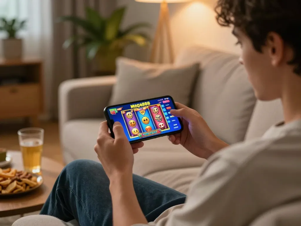 Engaging with Mega888 APK for online gaming while relaxing at home.