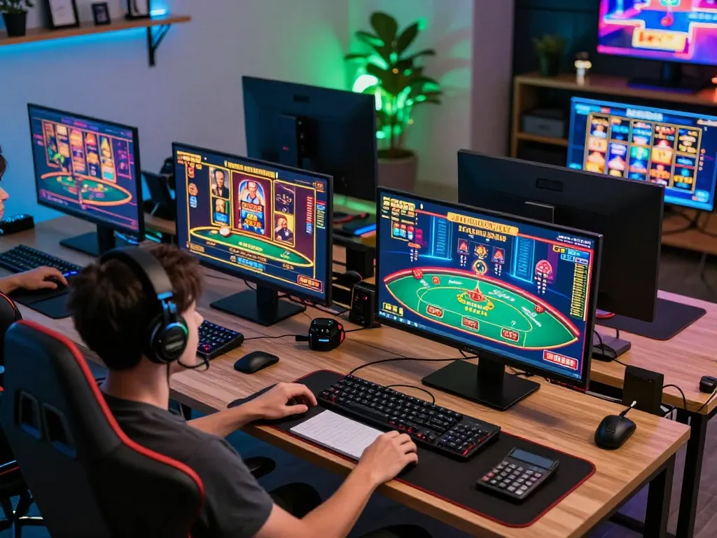 Engaging online gaming session at home with multiple screens and 7-hd casino interfaces.