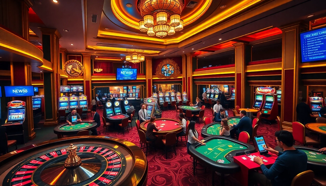 Experience the excitement at NEW88's vibrant casino, featuring roulette tables, poker chips, and slot machines.