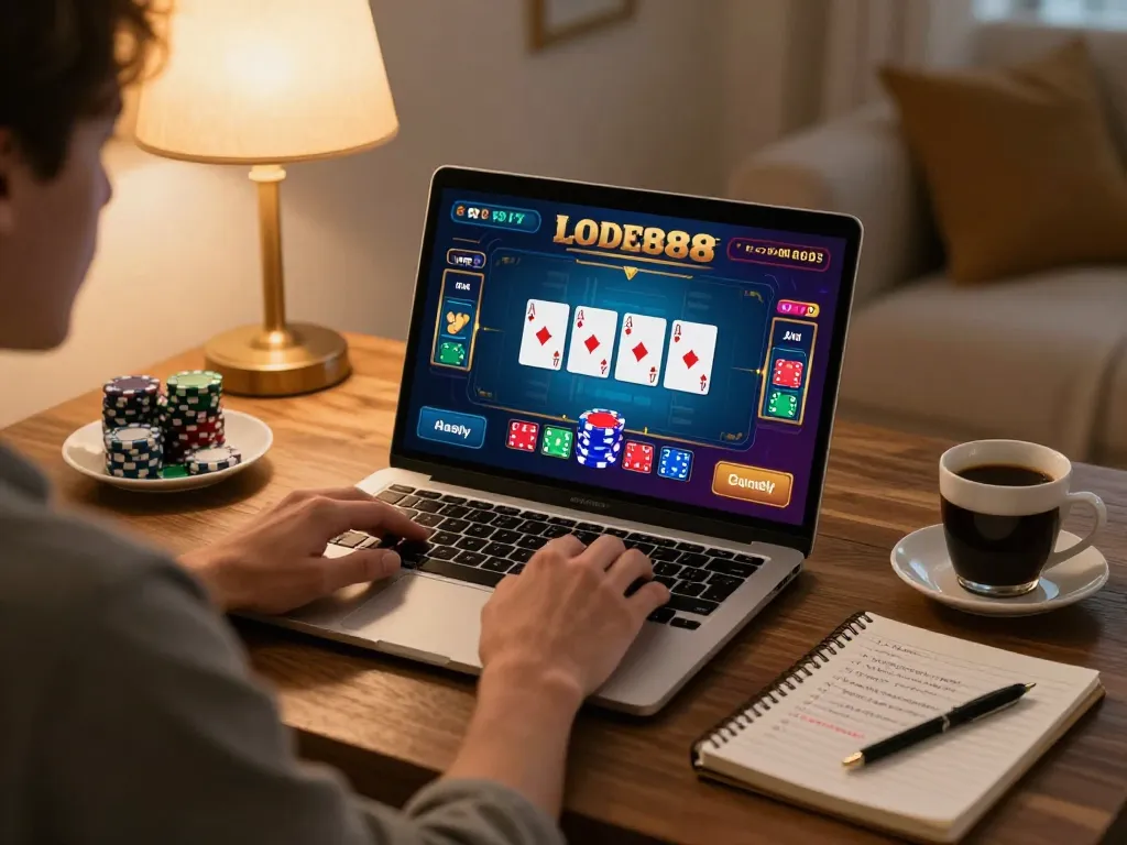 Player engaging in online gambling at home with LODE88 on laptop, showcasing strategic gaming environment.