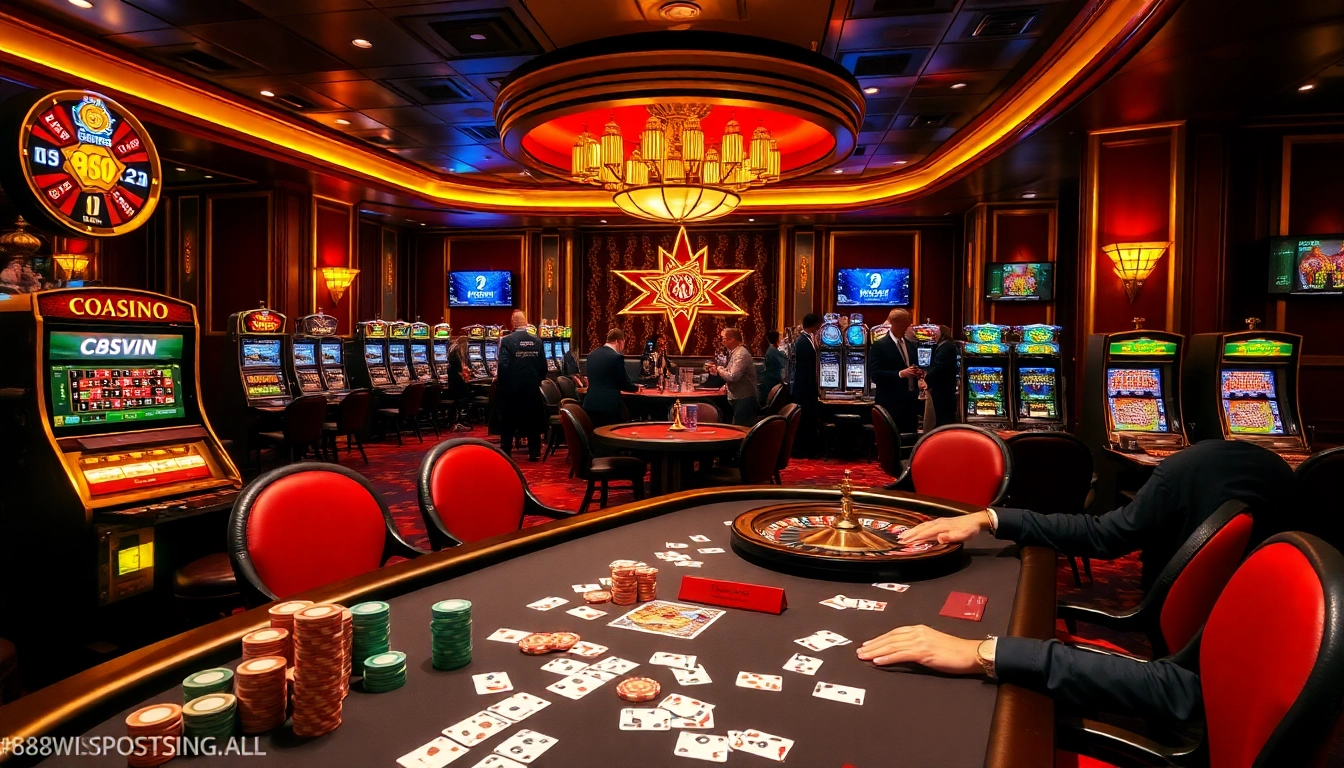Exciting 68win casino scene showcasing poker tables, vibrant slot machines, and a roulette wheel.