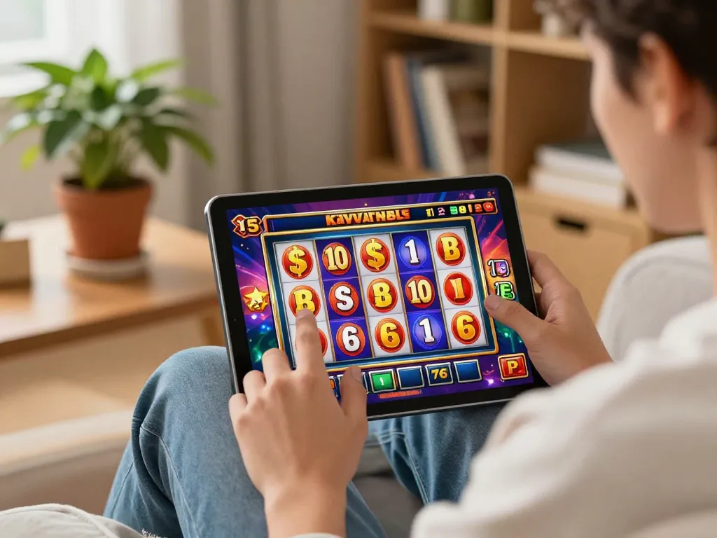 Person enjoying online slots at home with 789win on their tablet, engaging gaming experience