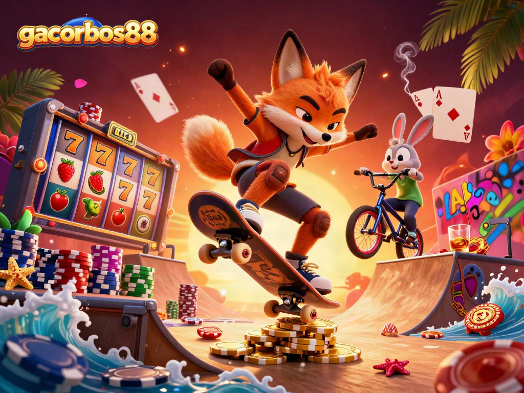 Experience the excitement of gacorbos88 with a skateboarder fox and BMX rabbit in a vibrant casino-themed scene.