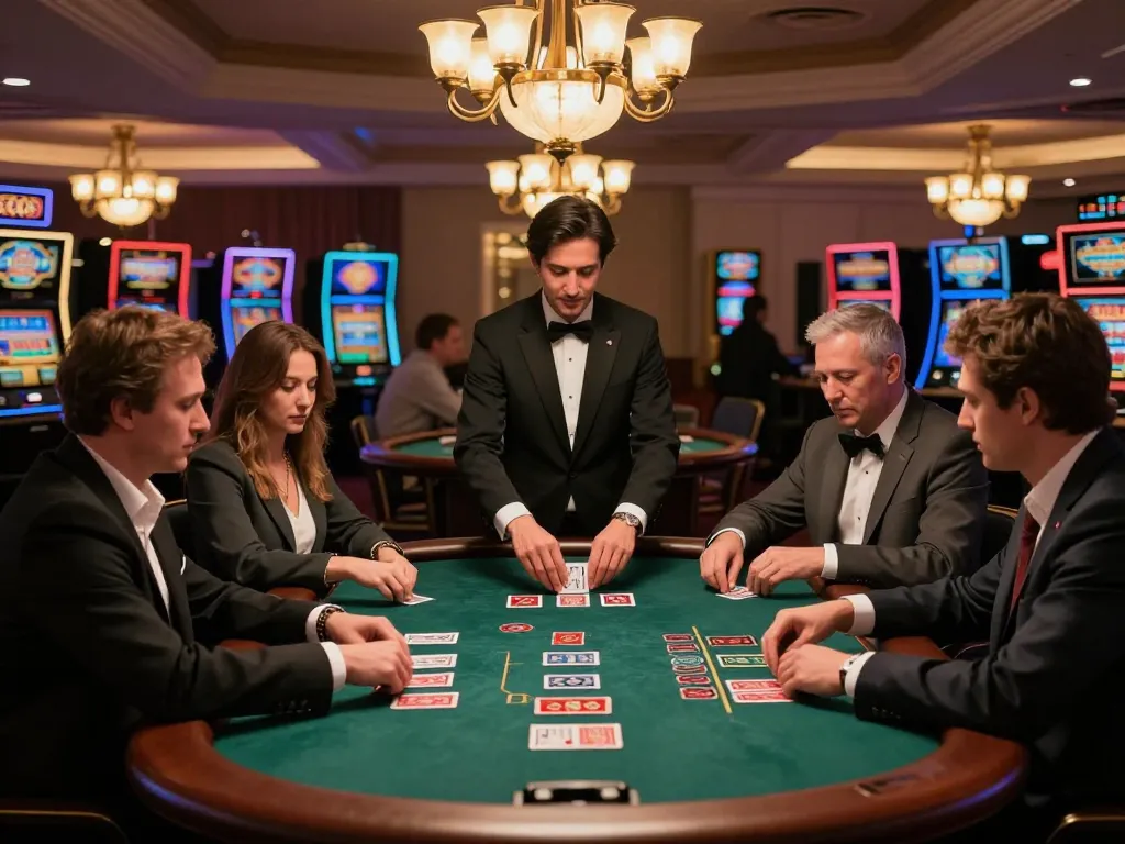 Players strategizing at nhà cái F168 blackjack table under warm casino lights.