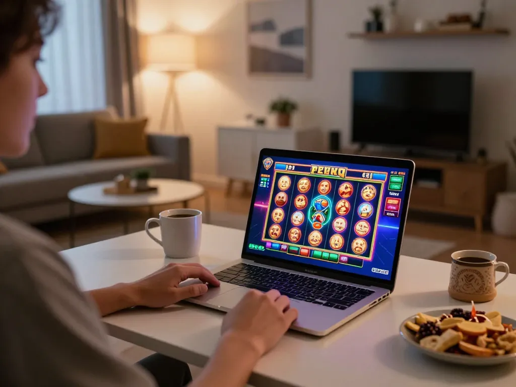 Engaging session of online casino gaming with buenas ph on a laptop in a cozy home setup