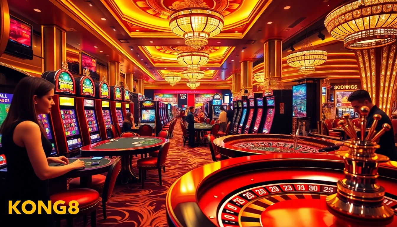 KONG88 casino scene with players engaging at tables and vibrant slot machines.