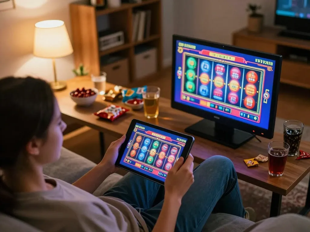 Engaged player using 99Win app on tablet to enjoy online slots in cozy home setting
