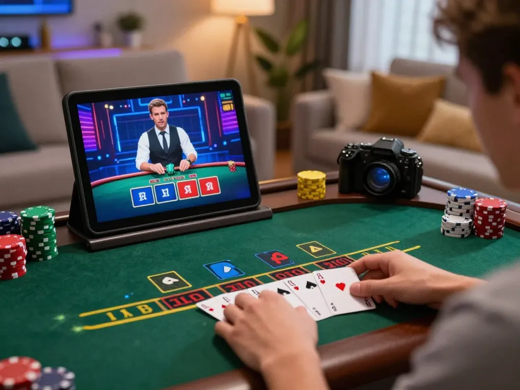 Player enjoying a live blackjack game on crosstonerestaurant tablet, highlighting responsible online gambling.