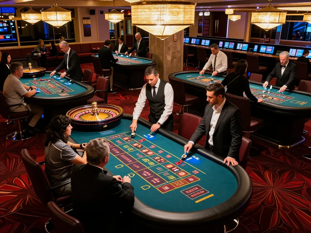 Players engaging with roulette tables at FC88 casino, dynamic betting scene highlighting excitement.