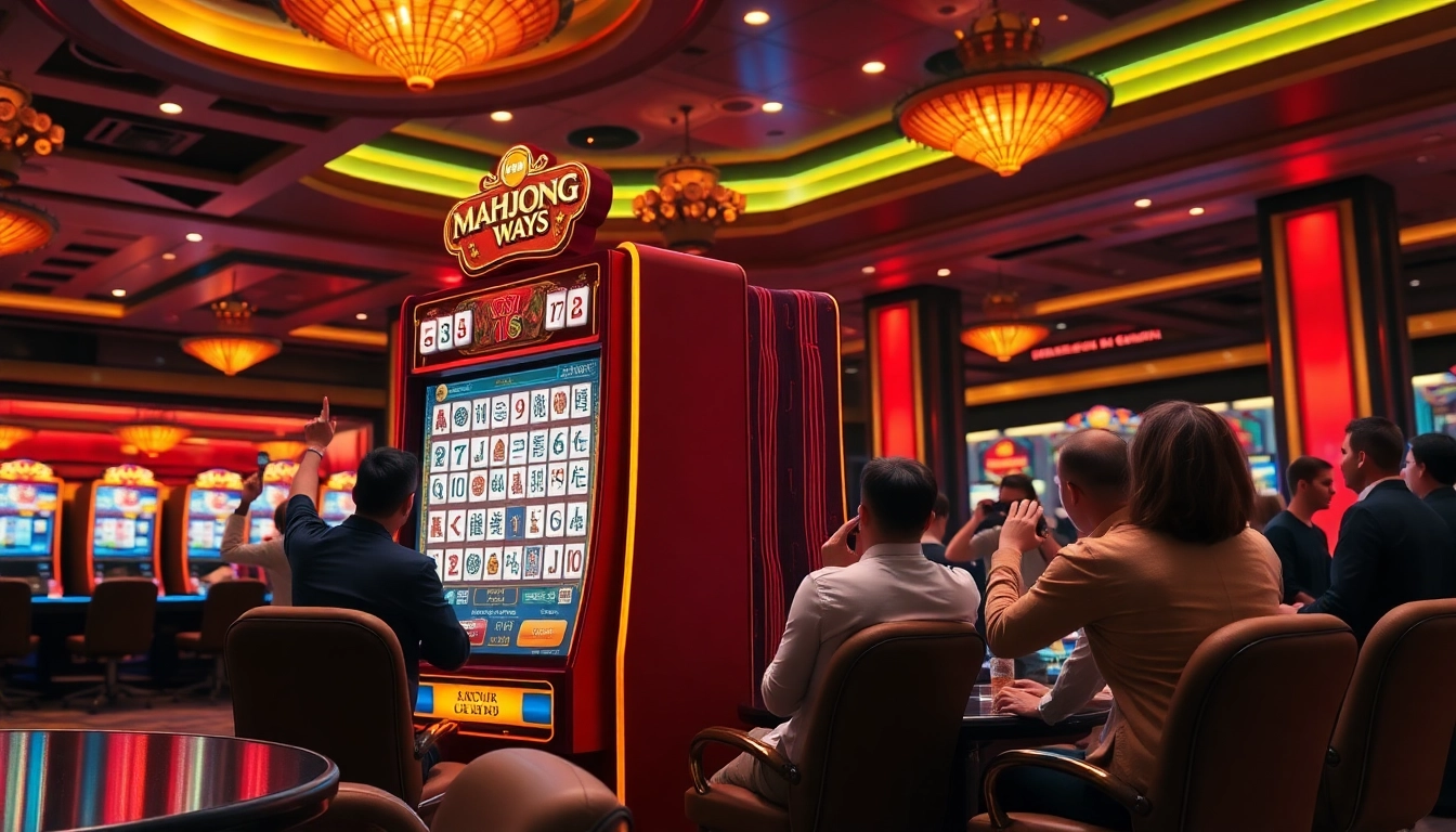 Para pemain merayakan kemenangan di mesin slot Mahjong Ways di kasino mewah.
