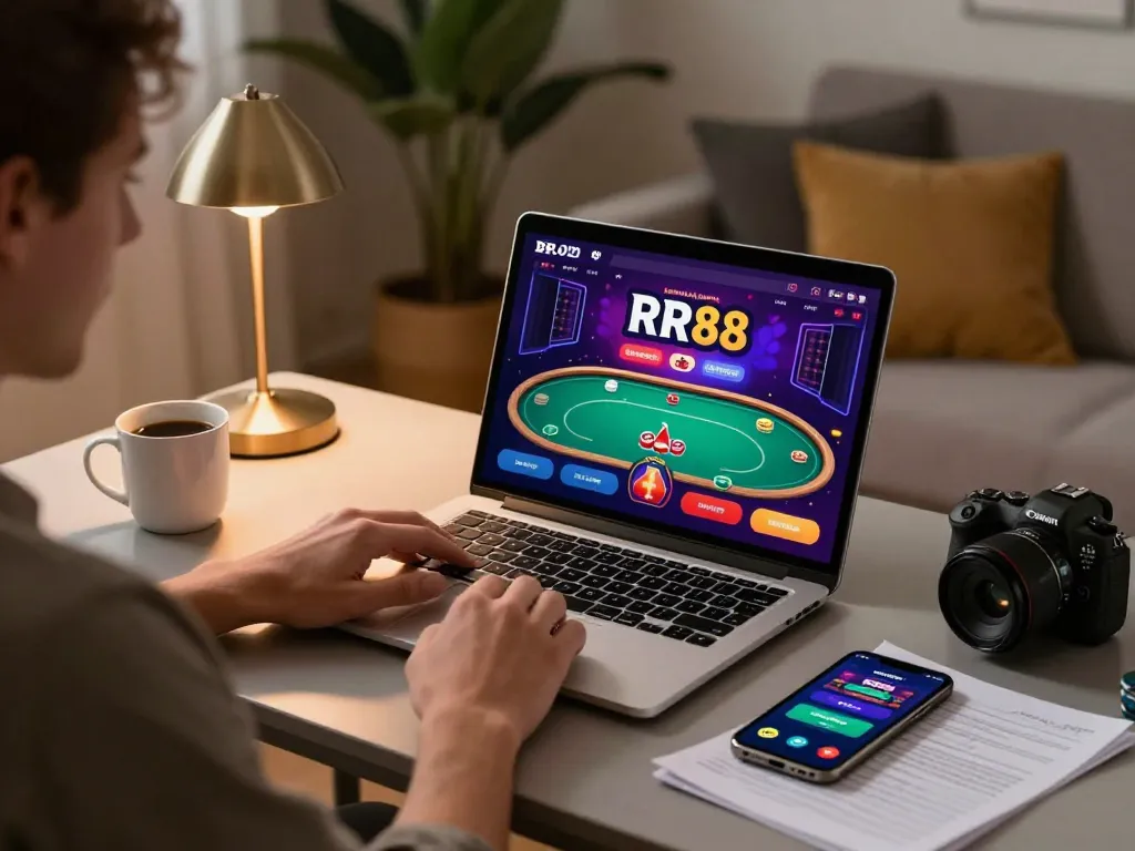 Player engaging with the RR88 online casino interface on a stylish laptop in a cozy home office, emphasizing responsible gaming