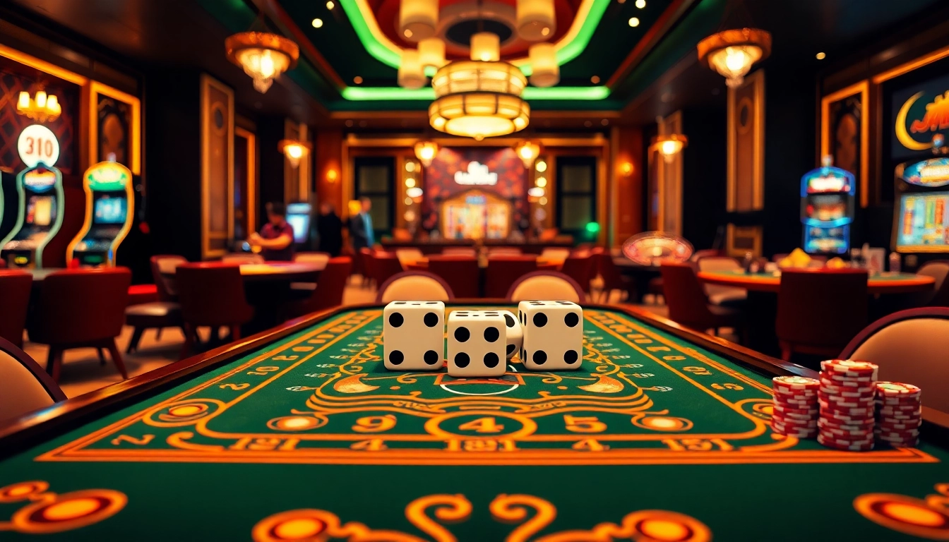 Players enjoying Tài Xỉu MD5 at https://taixiumd5.fan/ with dice and chips in a luxurious casino setting.