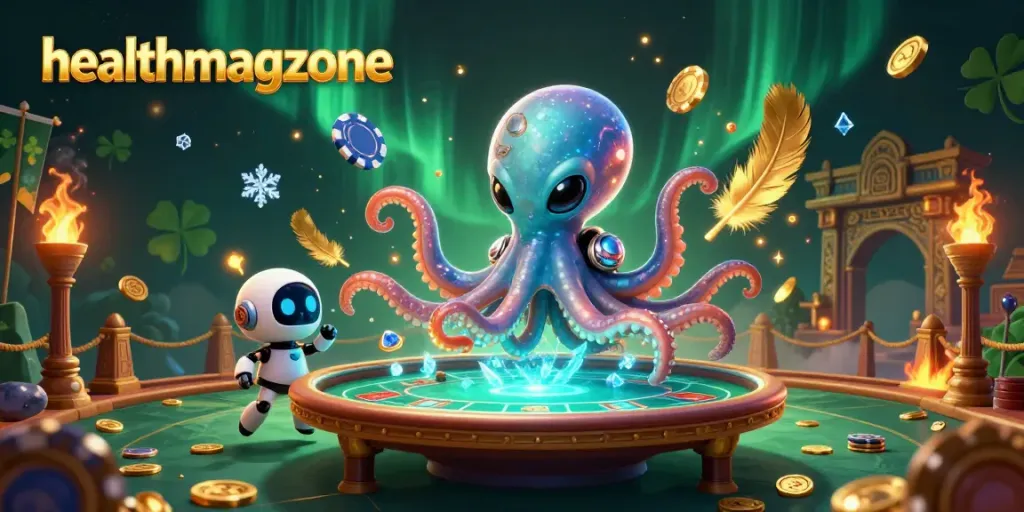 Bermain slot online di healthmagzone dengan alien kartun dan robot kecil yang mengoperasikan meja poker holografik.
