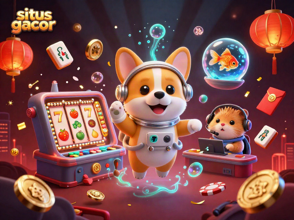 Experience situs gacor with a 3D cartoon scene of a corgi and friends in a space casino!