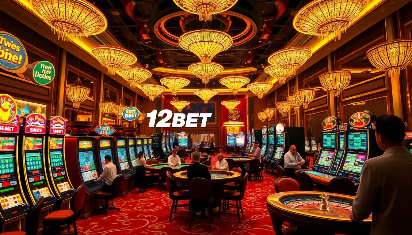 Experience the vibrant excitement of 12BET's casino atmosphere with lively players at slot machines and table games.