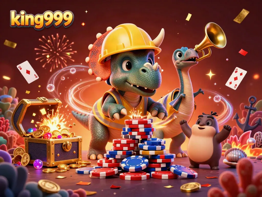 Gambarkan momen menarik saat king999 merayakan keberhasilan di kasino dengan chip poker dan harta karun.