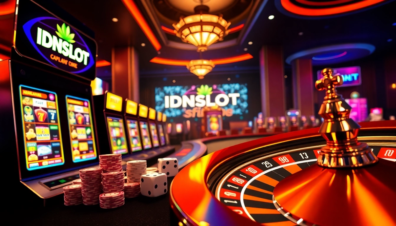 IDNSLOT immersive online slot gaming experience showcasing vibrant machines and casino elements.