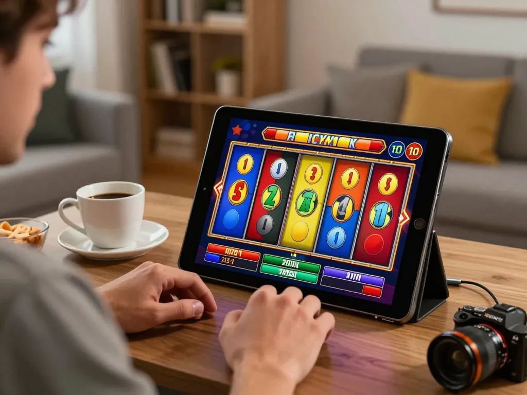 Experience exciting gameplay with paris888 on a tablet as colorful reels align in a cozy home setting