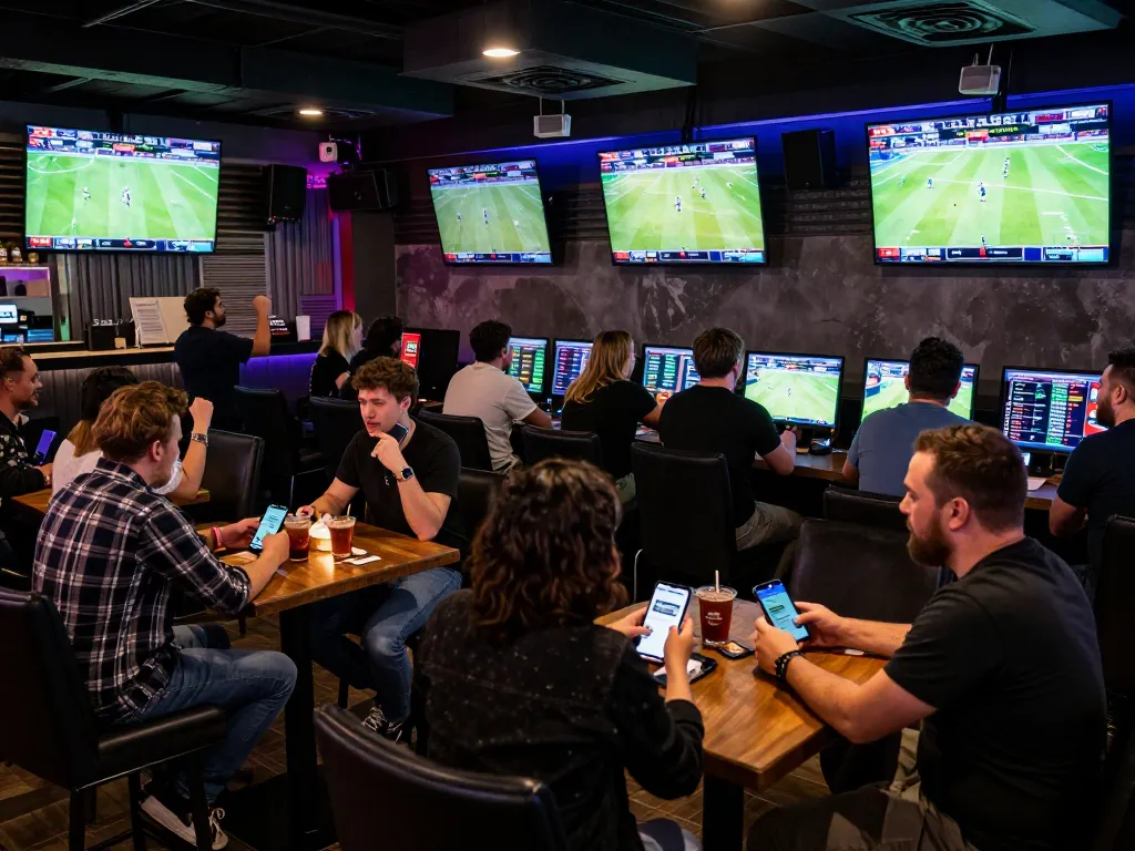Sports fans cheering while placing bets via mobile apps at https://keonhacai5.mobi/ in a vibrant sports bar atmosphere.