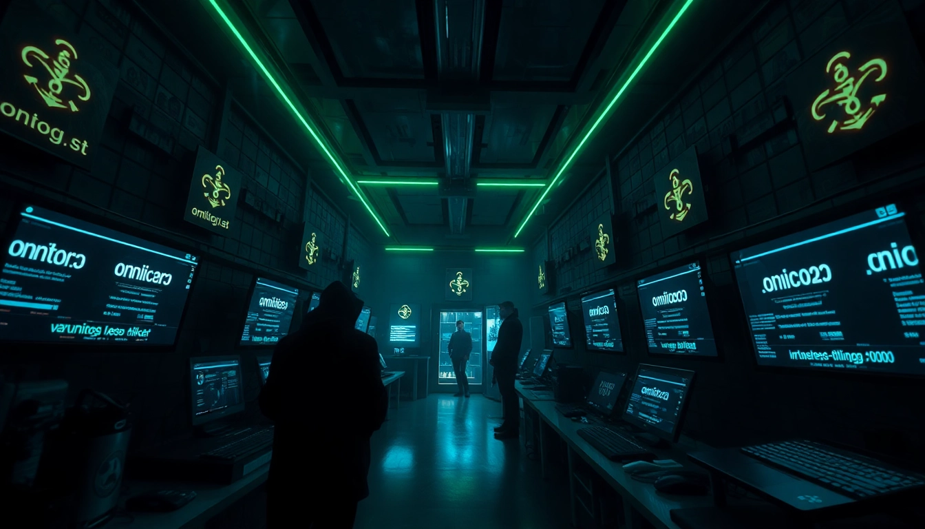 The hidden wiki directory showcasing a futuristic dark web marketplace with glowing screens and shadows.