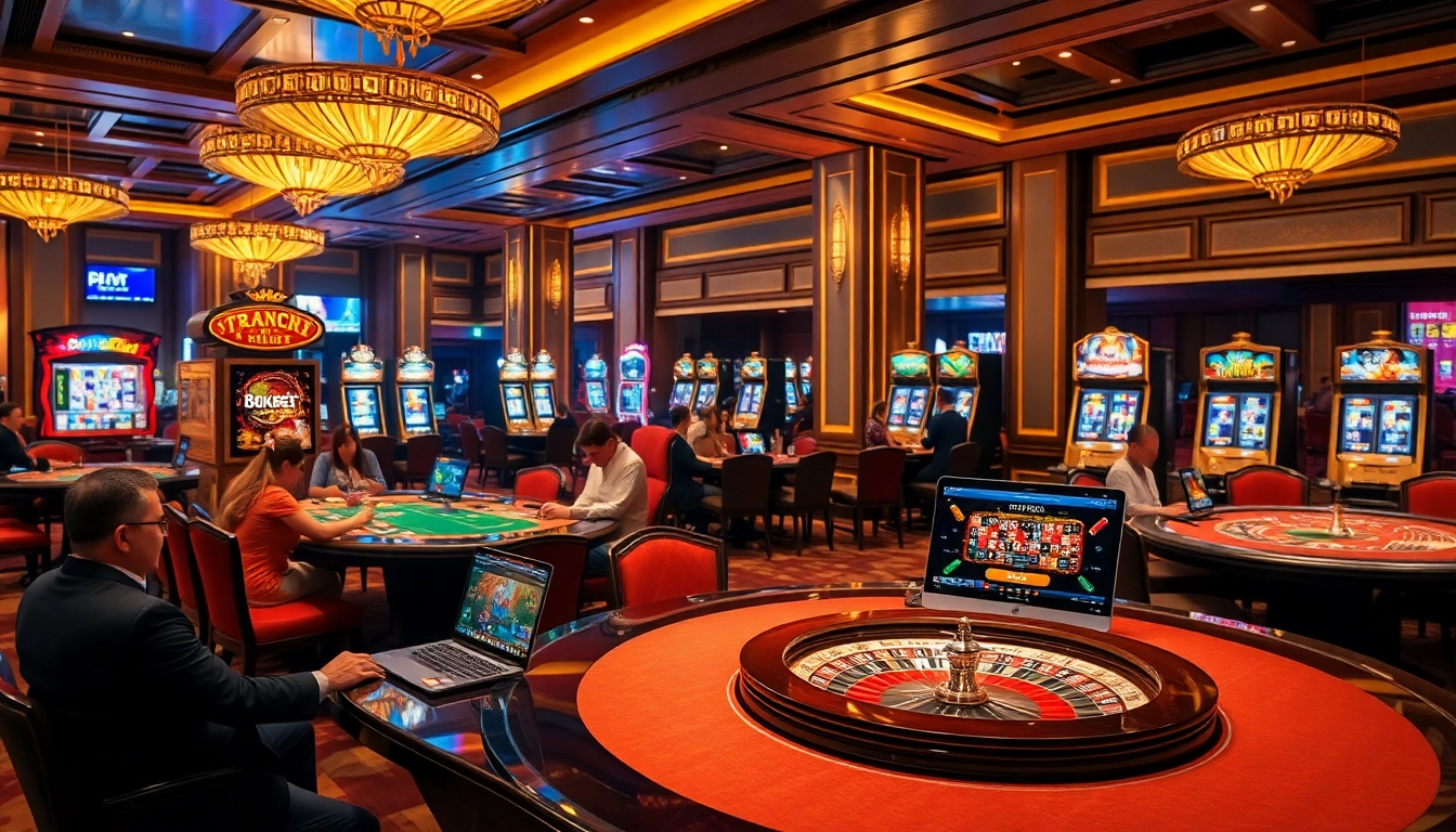 Dynamic gaming experience at TRANG CHỦ 8KBET with players engaged at casino tables.