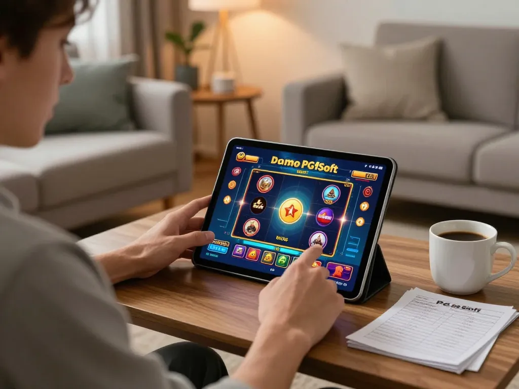 Memainkan slot Demo PG Soft di tablet di rumah, menyoroti suasana permainan yang santai.
