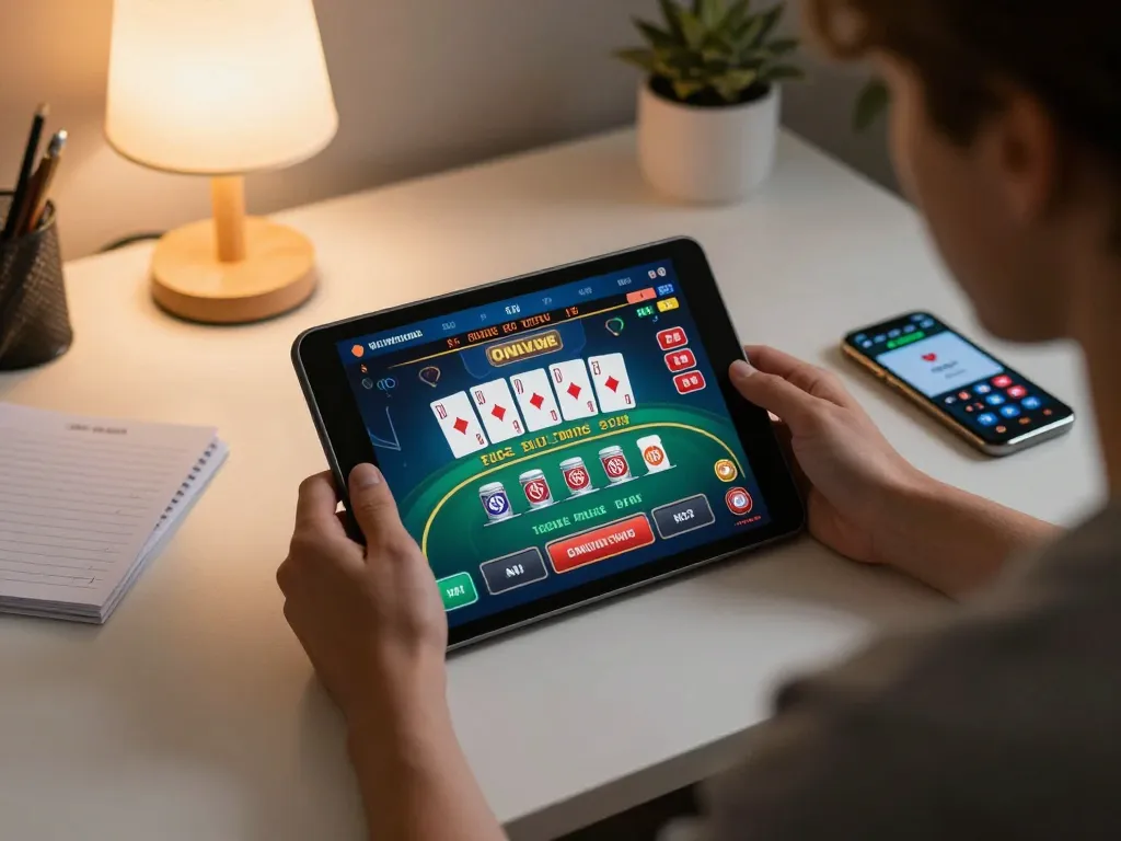 Engaging in strategic gameplay at trang chủ go8 on a tablet within a vibrant home setting.