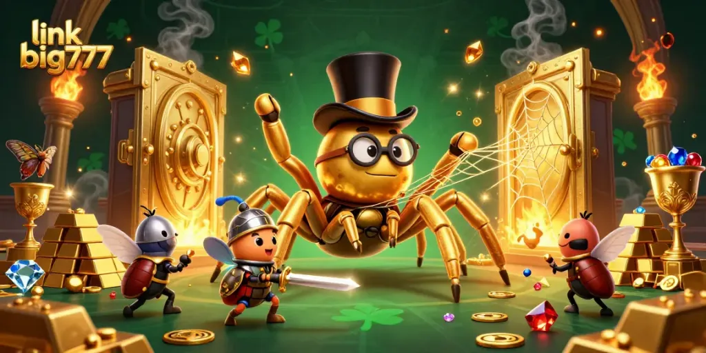 Engage with the exciting world of link big777 as a golden tarantula and beetle knight celebrate casino riches.