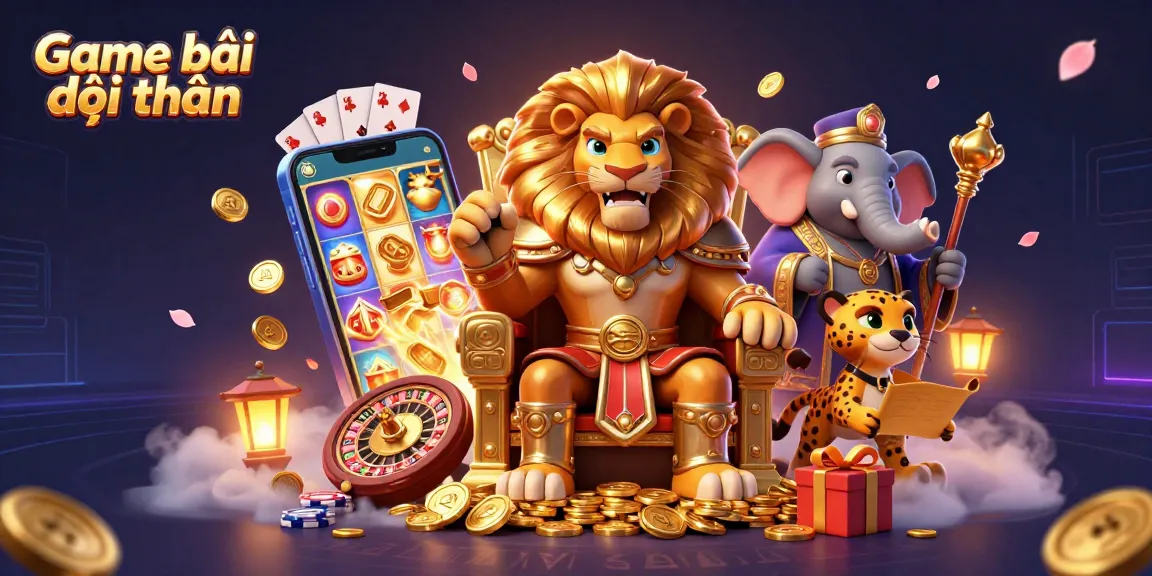 Engage in thrilling experiences with Game bài đổi thưởng featuring a lion king and casino elements.