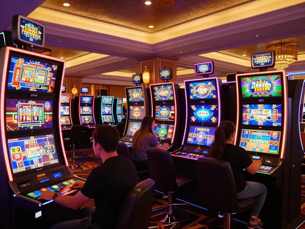 Nego77 players enjoying vibrant slot machine games in a lively casino environment.