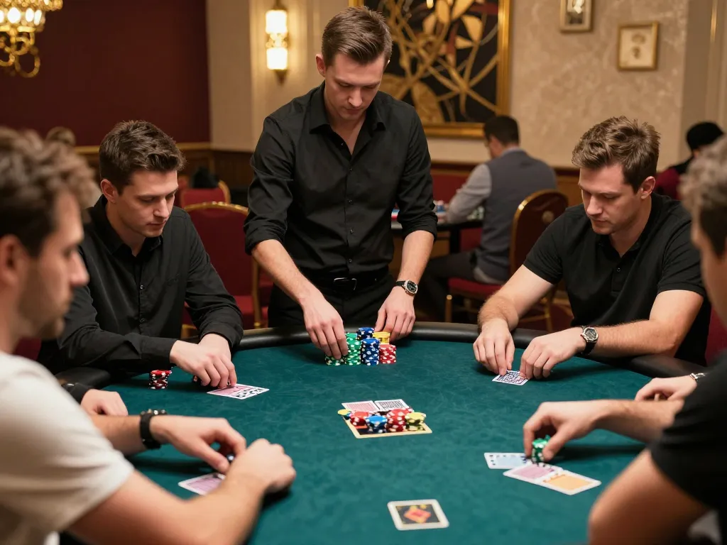 Hubet poker players strategizing over chips and cards at a vibrant casino table, showcasing intense gameplay.