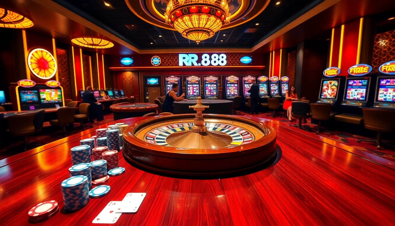 RR88 casino scene featuring poker chips, roulette, and live dealer excitement.