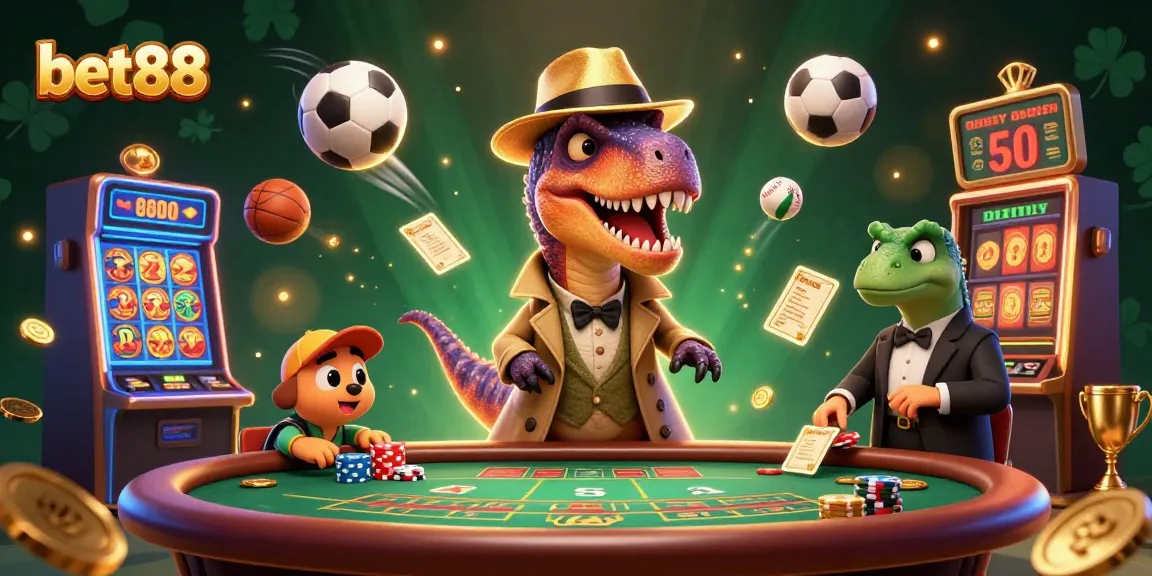 Experience thrilling gaming action at bet88 with 3D velociraptor and stegosaurus at a lively casino.