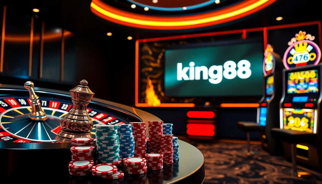 king88 online casino experience with vibrant slots, roulette, and poker chips in a luxurious setting
