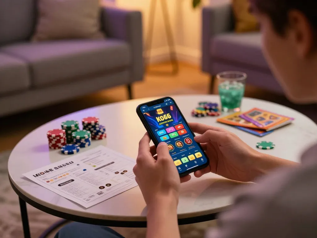 Người thưởng thức trải nghiệm chơi game di động KO66 với những chip đầy màu sắc và ghi chú chiến lược trên bàn cà phê