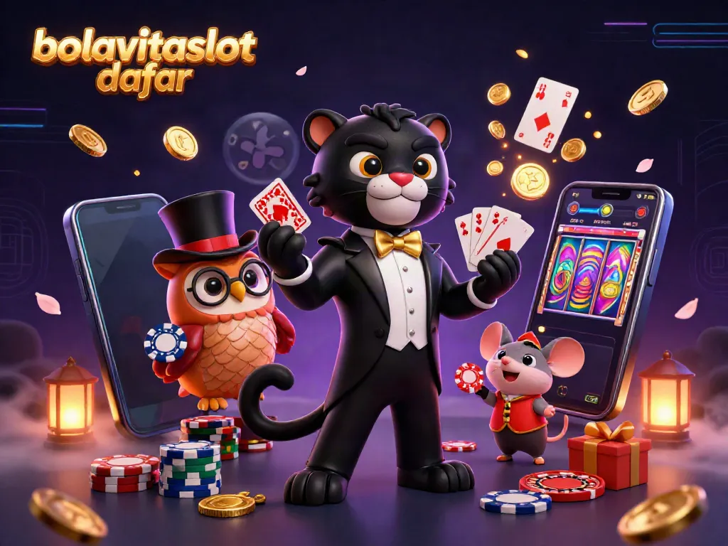 Experience thrilling action with bolavitaslot daftar as a panther deals cards surrounded by luck-themed elements.