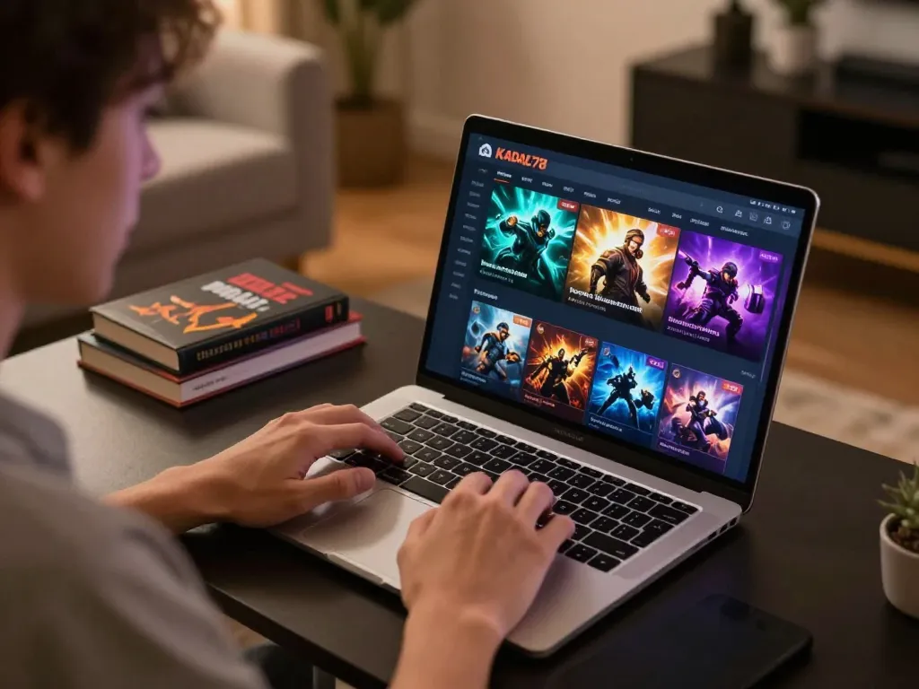 KADAL778 player engaging with premium games on a stylish laptop in a cozy home environment.