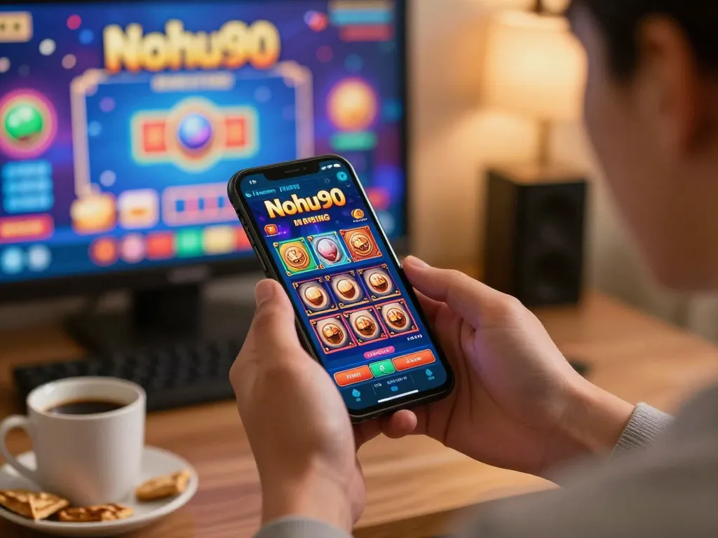 Nohu90 players enjoying online casino gaming on mobile while managing bets during a cozy night.