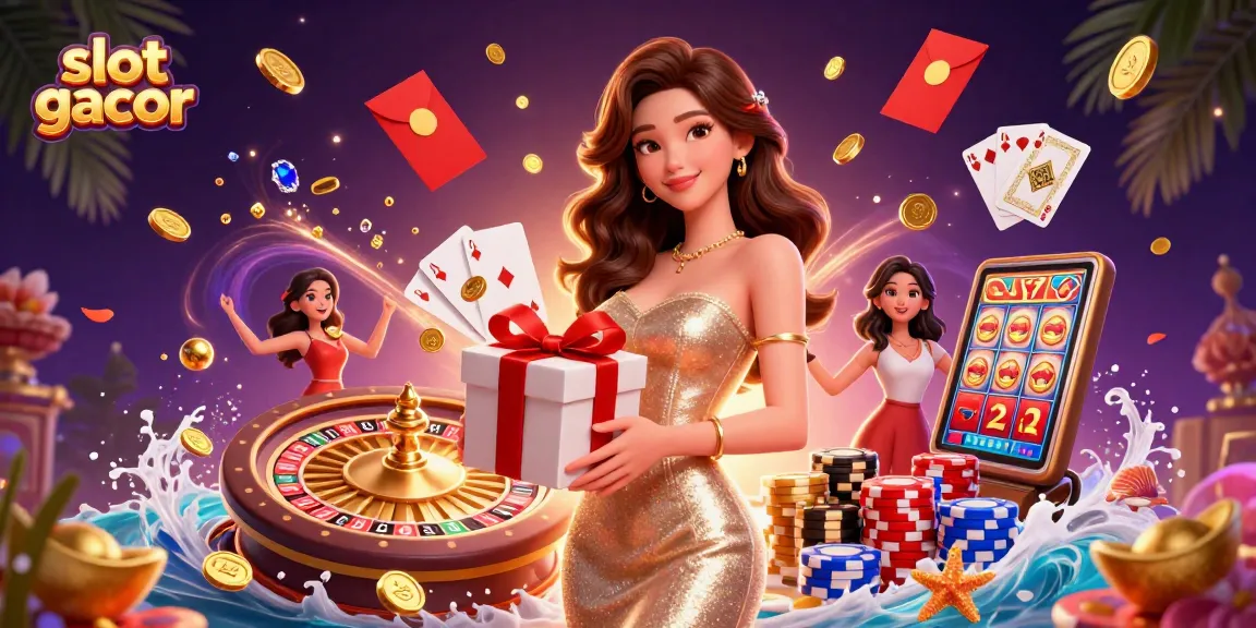 Rasakan kegembiraan slot gacor dengan koin emas dan elemen kasino yang cerah dalam suasana meriah.