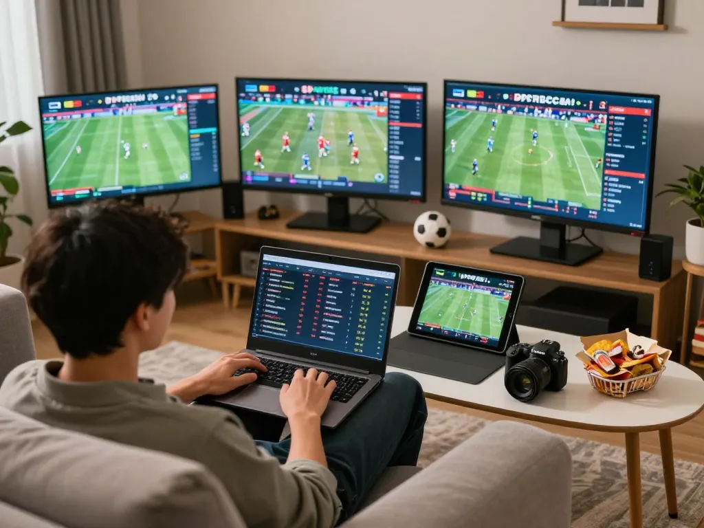 Engaging in live sports betting on go88 platform with laptop and tablet in a cozy home.